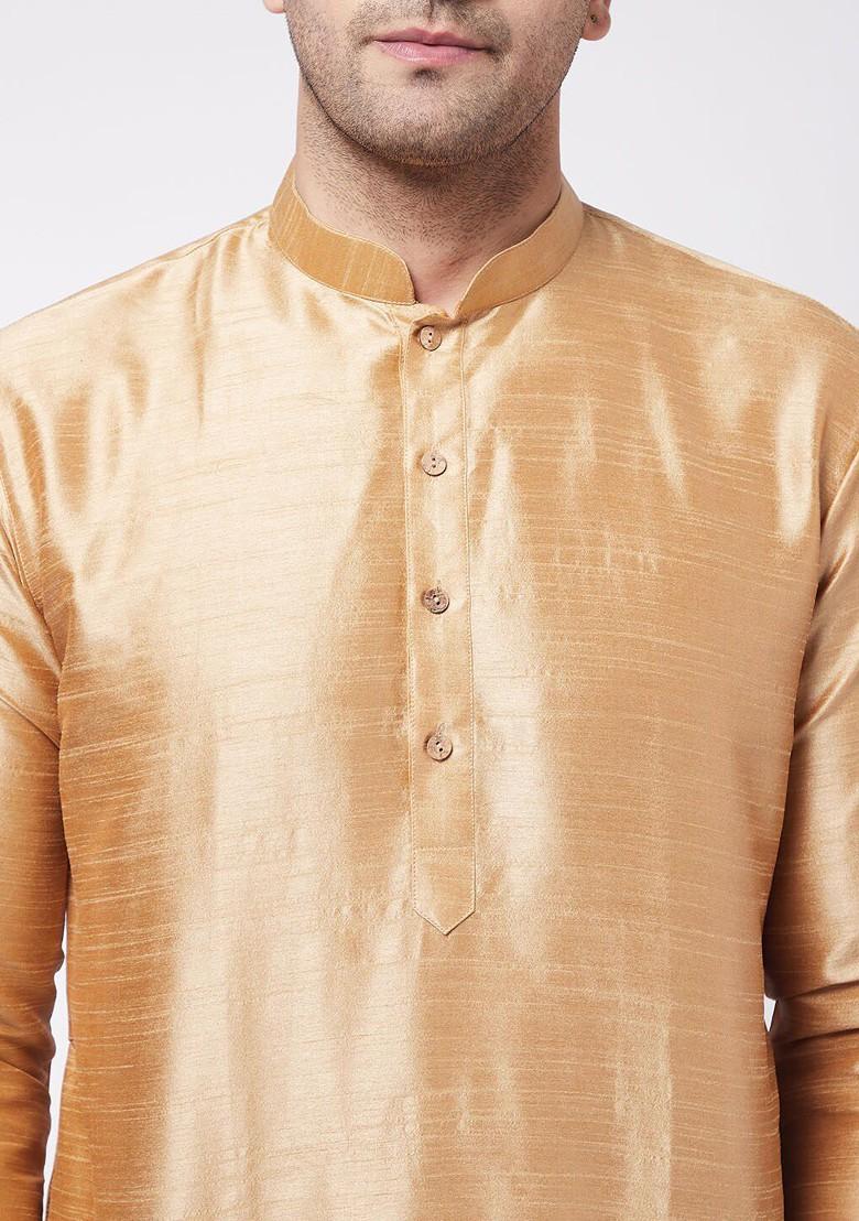 Rose Gold Solid Poly Blend Kurta Set For Men
