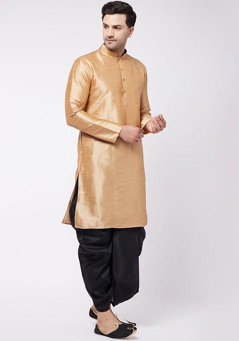 Rose Gold Solid Poly Blend Kurta Set For Men