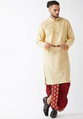 Gold Embroidered Poly Blend Kurta Set For Men