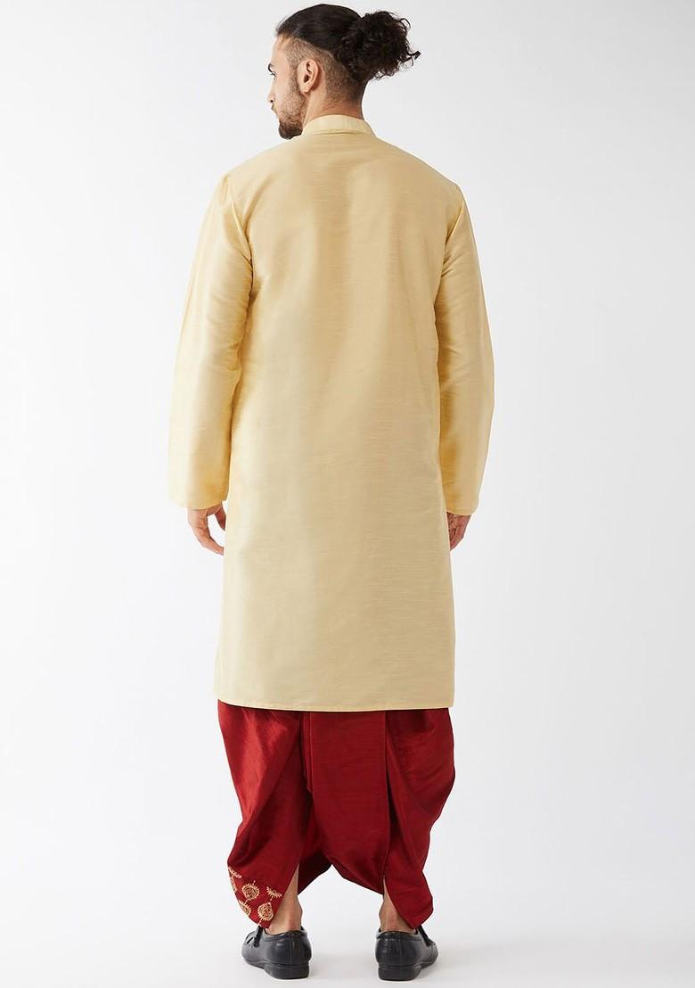 Gold Embroidered Poly Blend Kurta Set For Men