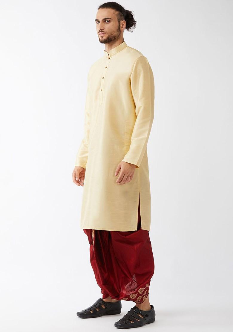 Gold Embroidered Poly Blend Kurta Set For Men