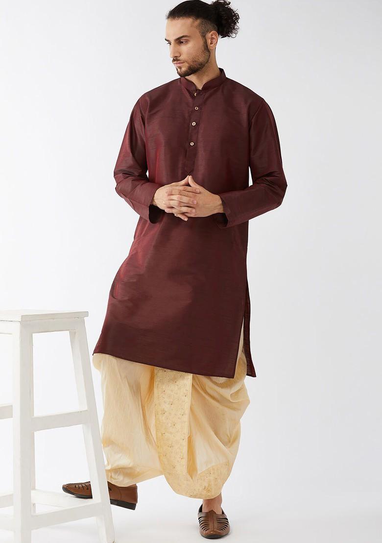 Burgundy Solid Poly Blend Kurta Set For Men