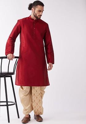 Maroon Embroidered Poly Blend Kurta Set For Men