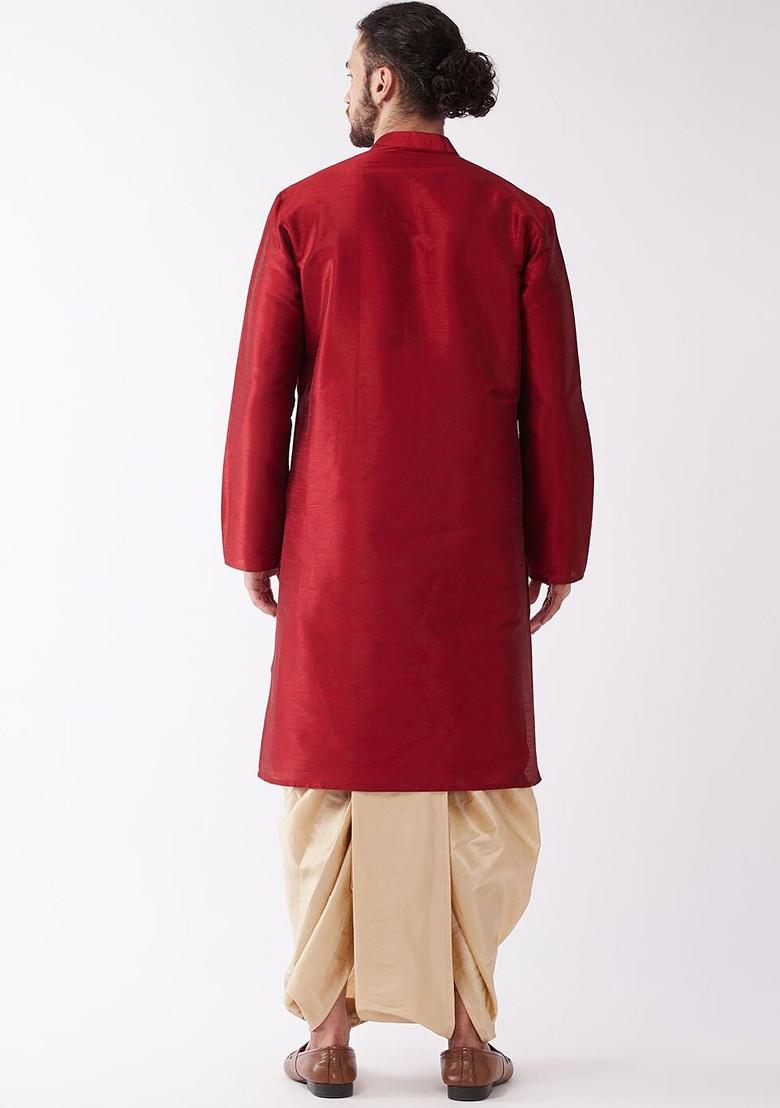 Maroon Embroidered Poly Blend Kurta Set For Men