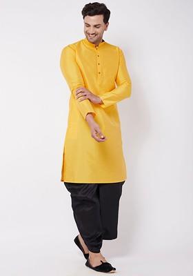 Yellow Solid Poly Blend Kurta Set For Men