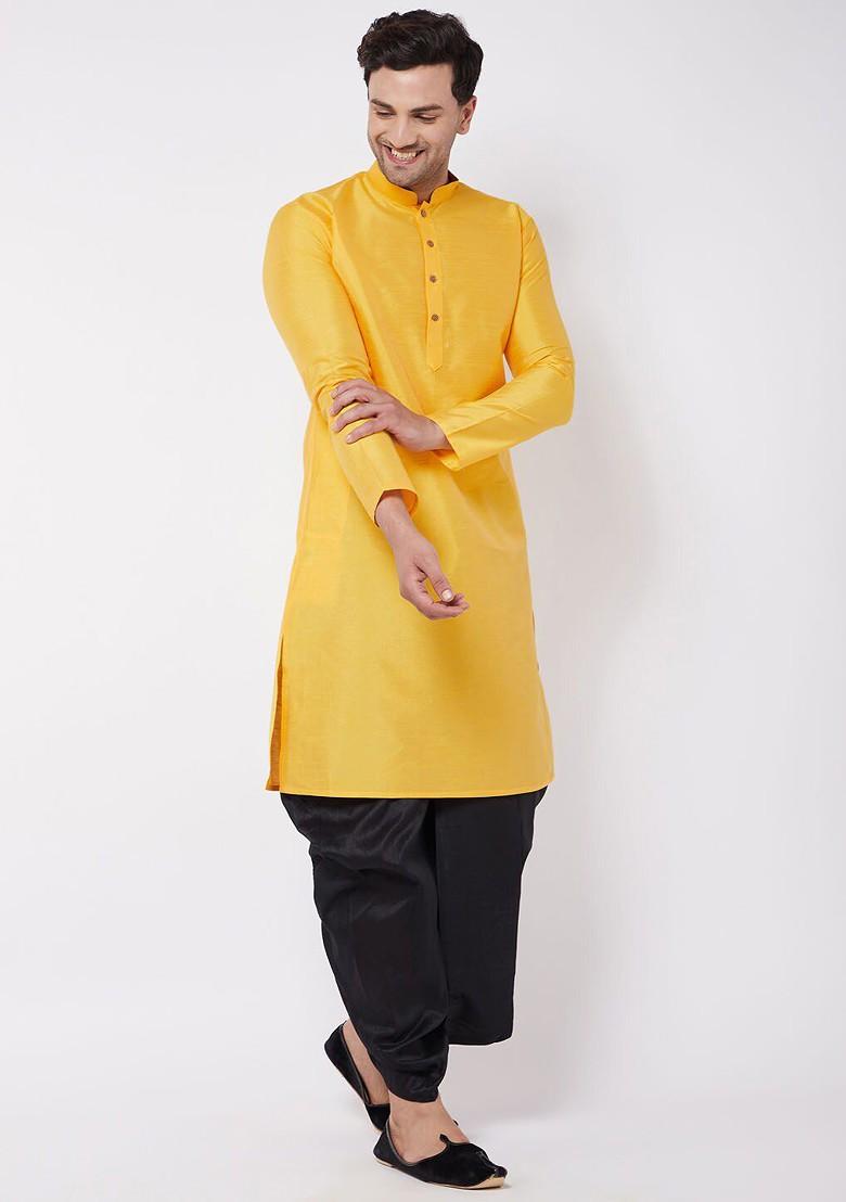 Yellow Solid Poly Blend Kurta Set For Men