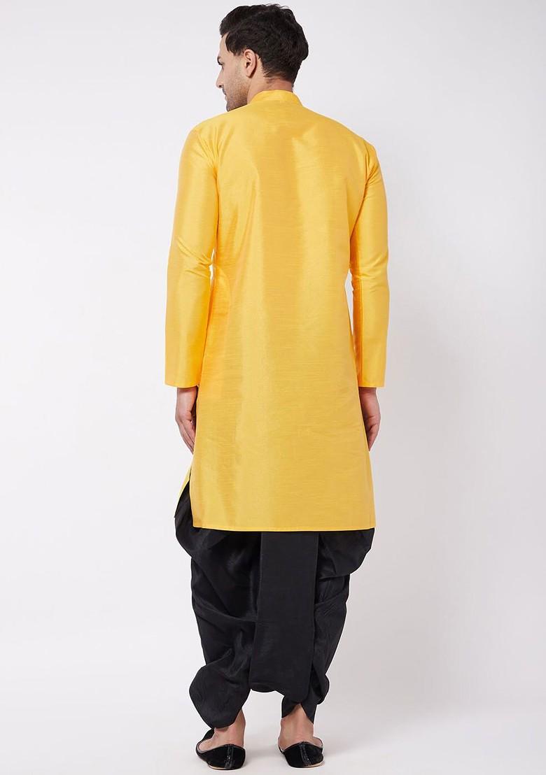 Yellow Solid Poly Blend Kurta Set For Men