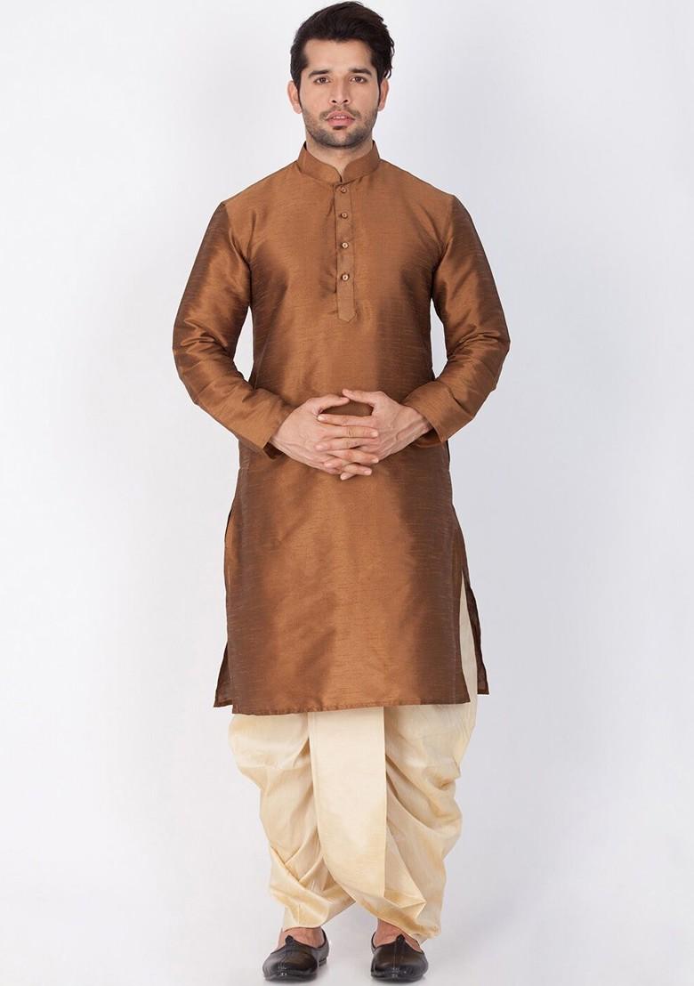 Coffee Brown Solid Poly Blend Kurta Set For Men