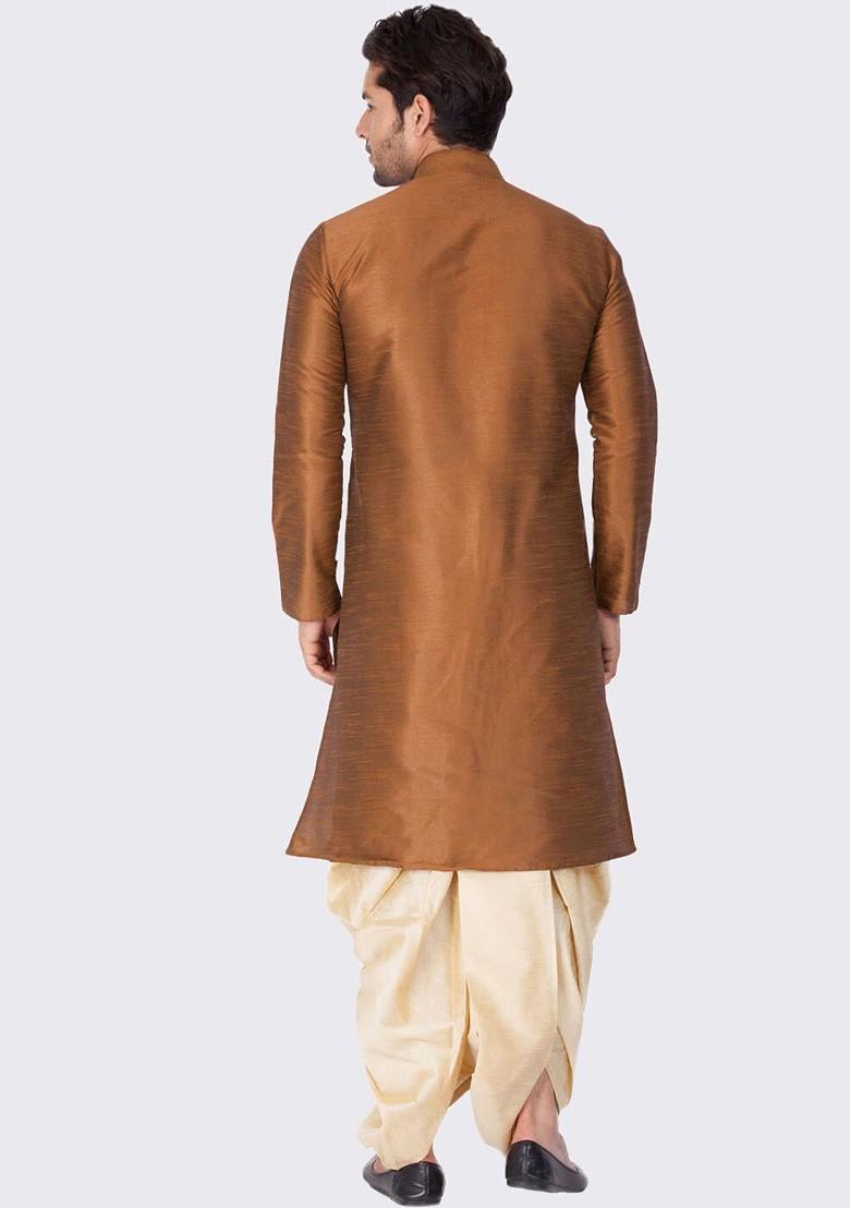 Coffee Brown Solid Poly Blend Kurta Set For Men