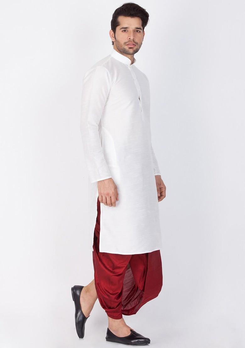 White Solid Poly Blend Kurta Set For Men
