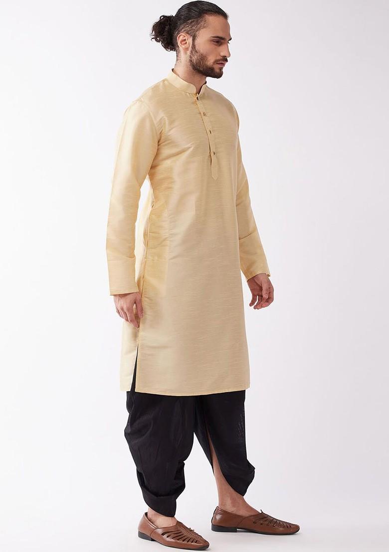 Gold Solid Poly Blend Kurta Set For Men