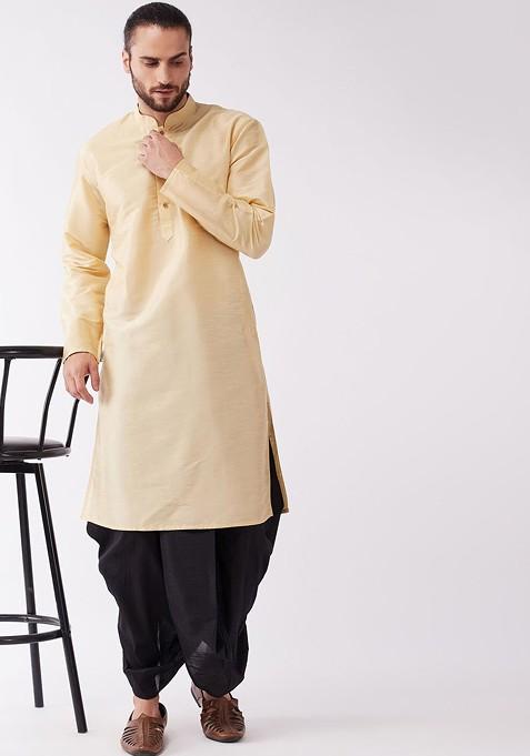 Gold Solid Poly Blend Kurta Set For Men