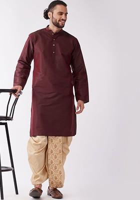 Burgundy Solid Poly Blend Kurta Set For Men
