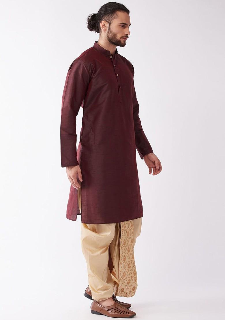 Burgundy Solid Poly Blend Kurta Set For Men