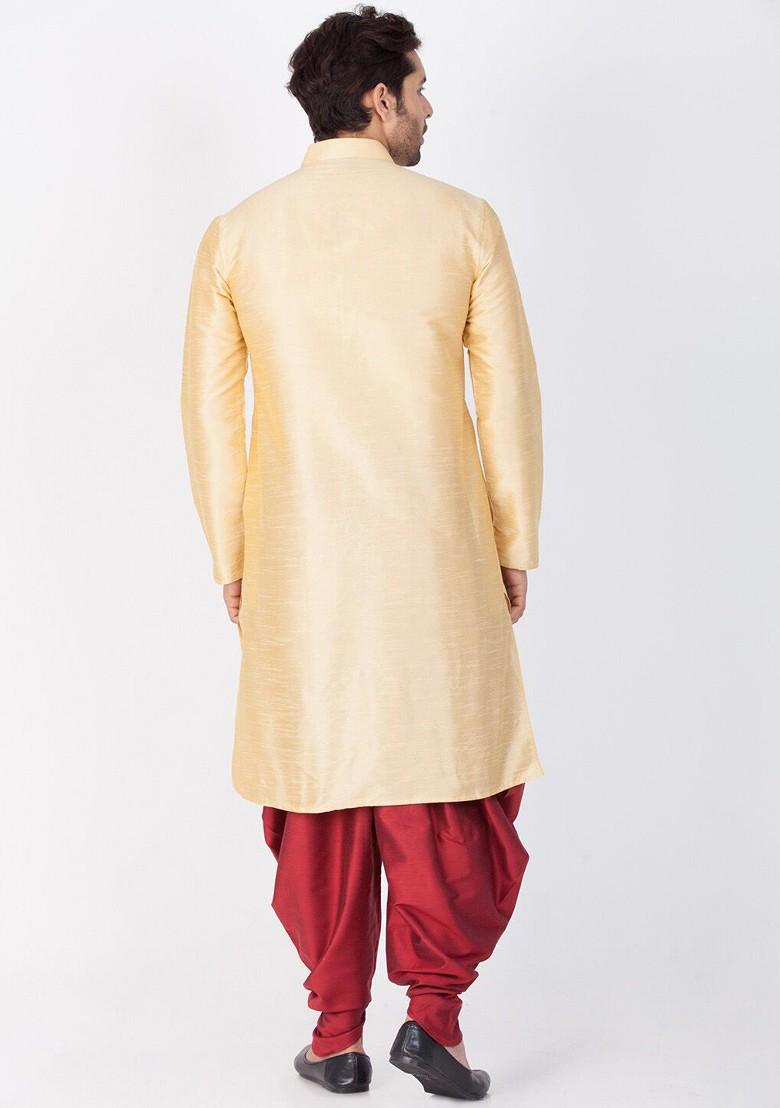 Gold Solid Poly Blend Kurta Set For Men