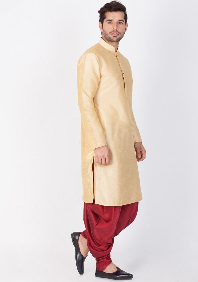 Gold Solid Poly Blend Kurta Set For Men