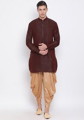 Burgundy Solid Poly Blend Kurta Set For Men