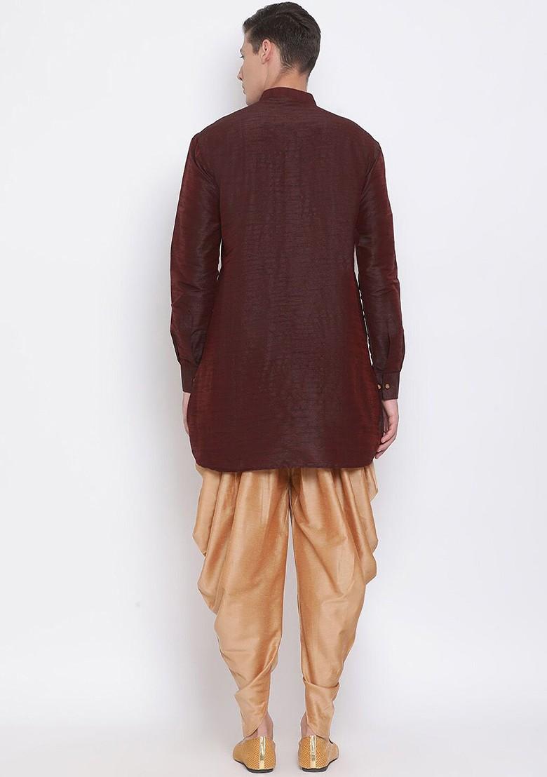 Burgundy Solid Poly Blend Kurta Set For Men