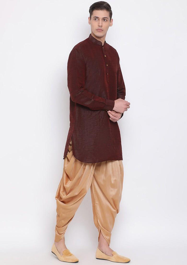 Burgundy Solid Poly Blend Kurta Set For Men