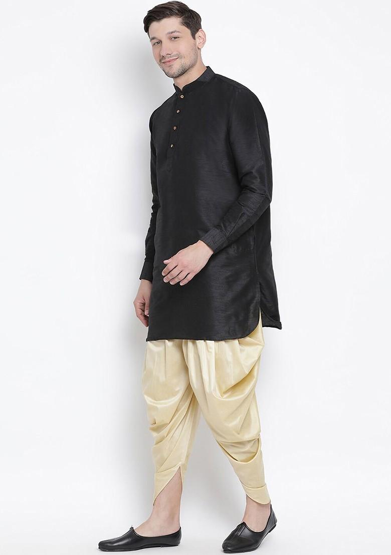 Black Solid Poly Blend Kurta Set For Men