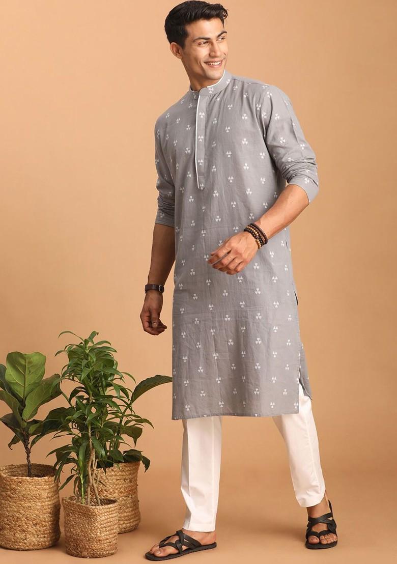 Grey Woven Cotton Kurta Set For Men