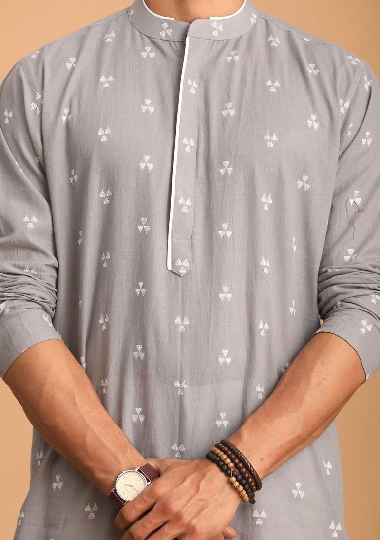 Grey Woven Cotton Kurta Set For Men