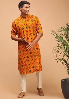 Yellow Floral Print Poly Blend Kurta Set For Men