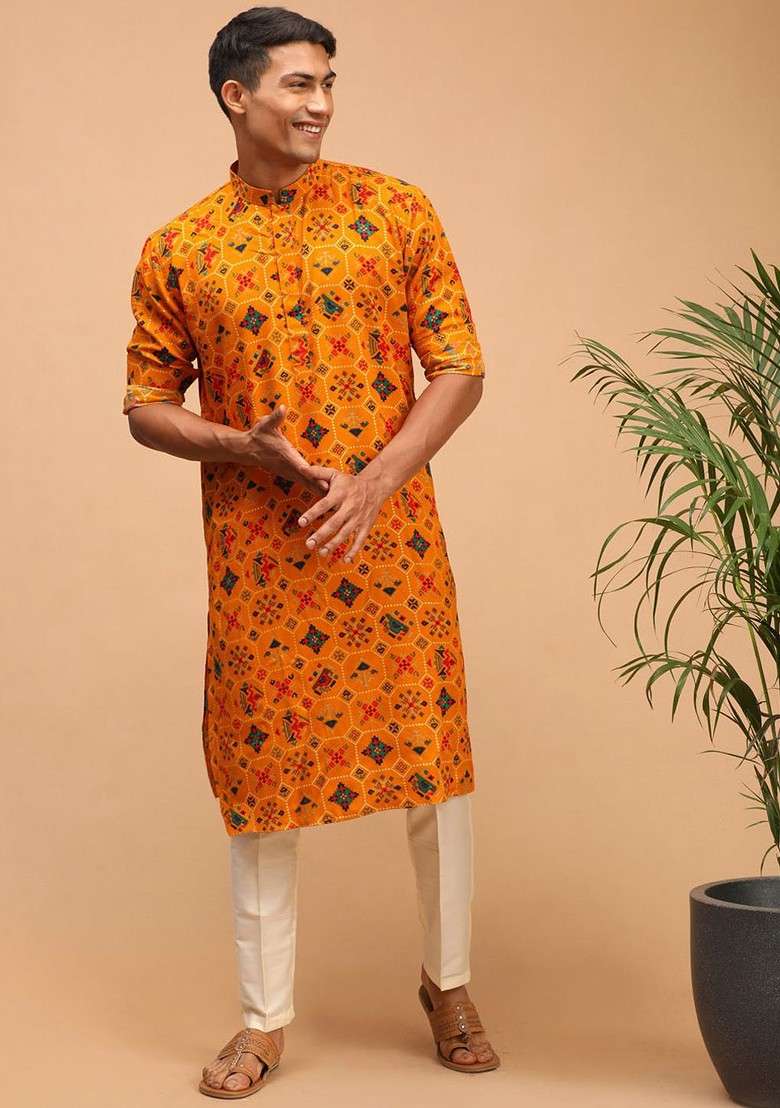 Yellow Floral Print Poly Blend Kurta Set For Men - Indya
