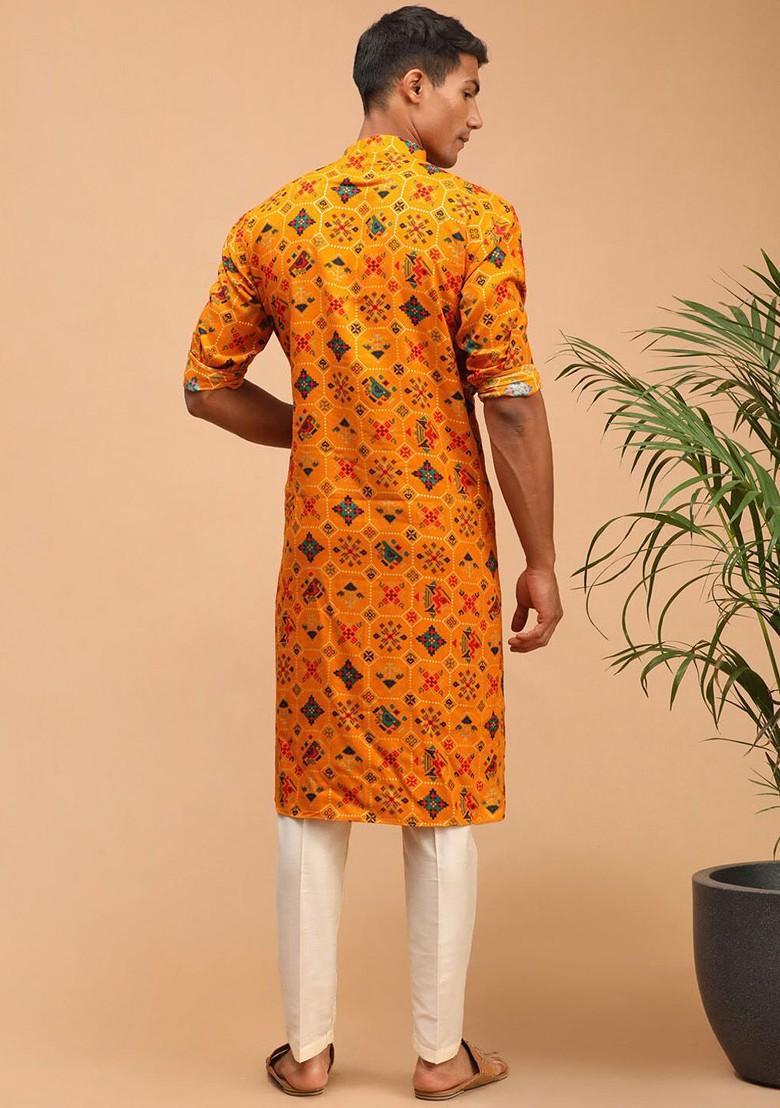 Yellow Floral Print Poly Blend Kurta Set For Men