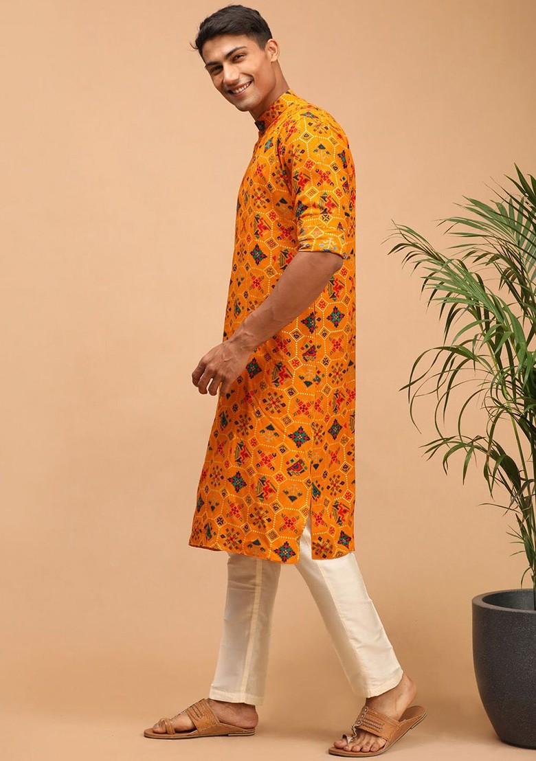Yellow Floral Print Poly Blend Kurta Set For Men