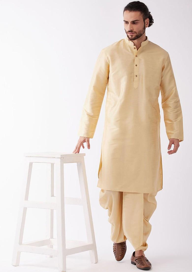 Gold Solid Poly Blend Kurta Set For Men