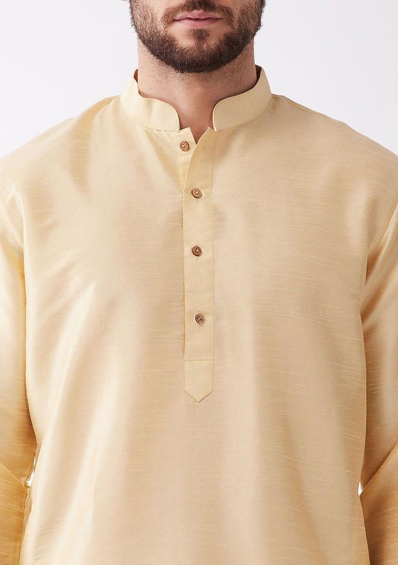 Gold Solid Poly Blend Kurta Set For Men