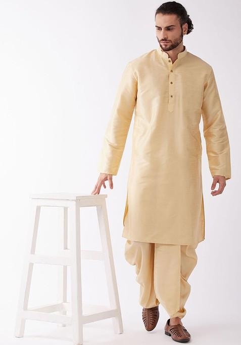 Gold Solid Poly Blend Kurta Set For Men