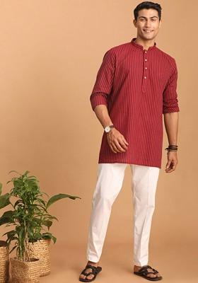Maroon Striped Cotton Kurta Set For Men