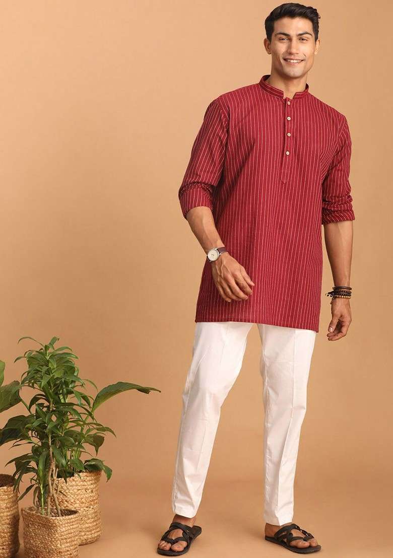 Maroon Striped Cotton Kurta Set For Men - Indya