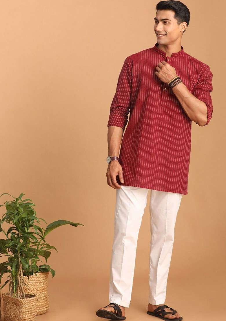 Maroon Striped Cotton Kurta Set For Men - Indya