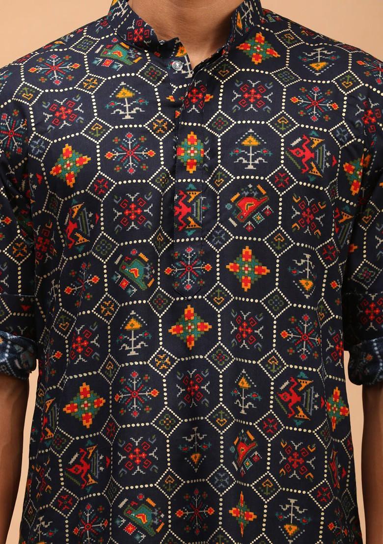 Blue Printed Poly Blend Kurta Set For Men