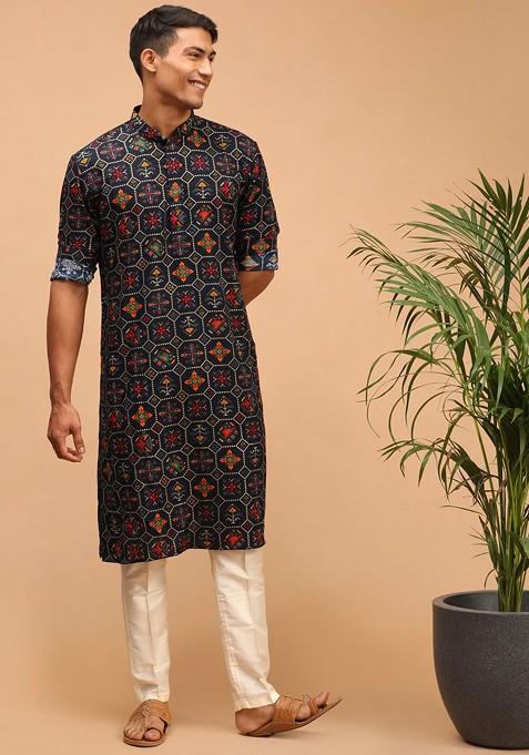 Blue Printed Poly Blend Kurta Set For Men