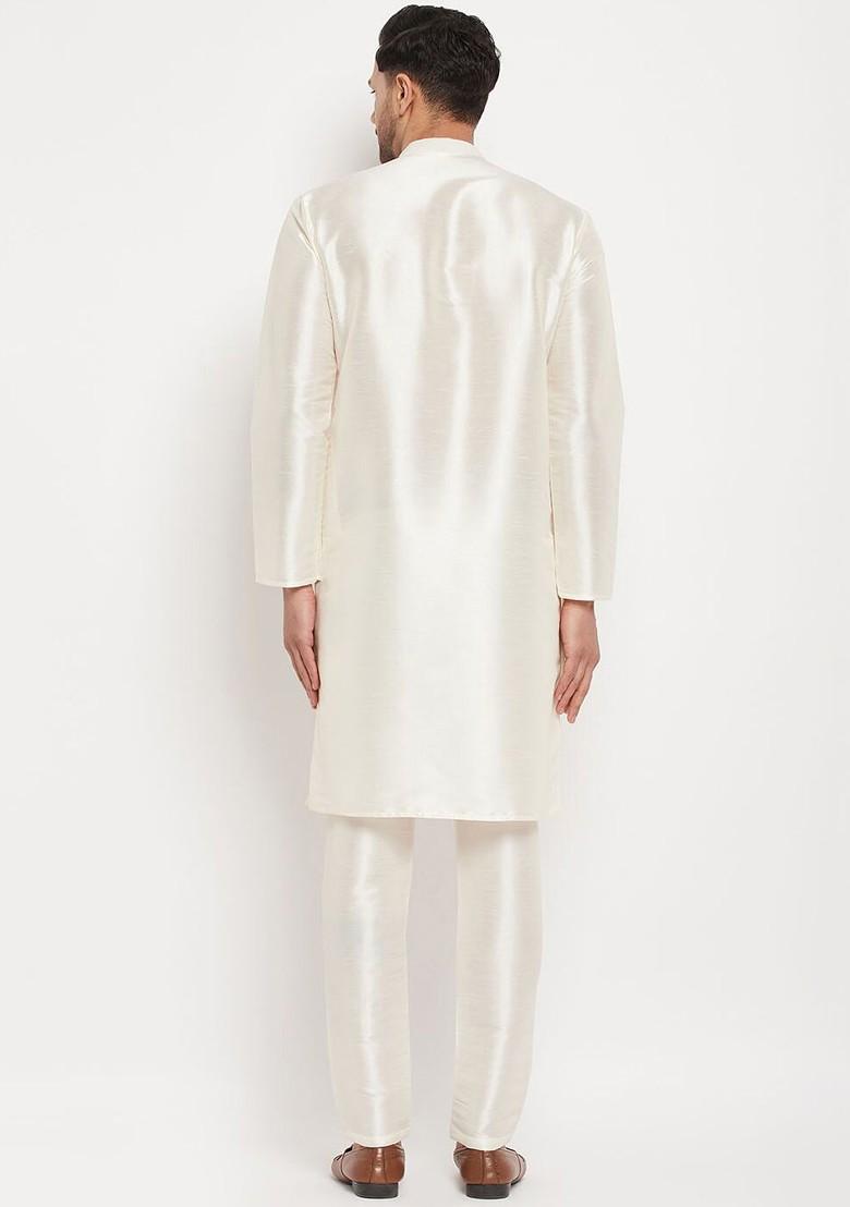 Cream Solid Poly Blend Kurta Set For Men