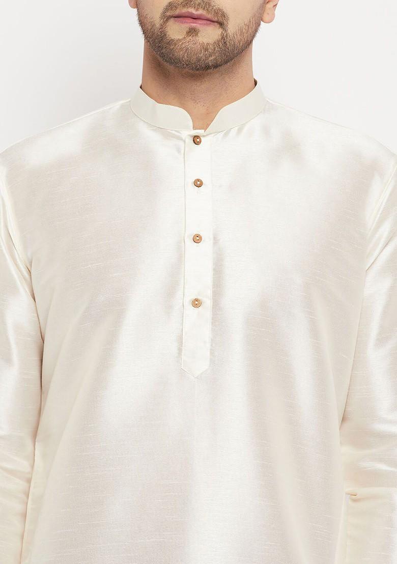 Cream Solid Poly Blend Kurta Set For Men