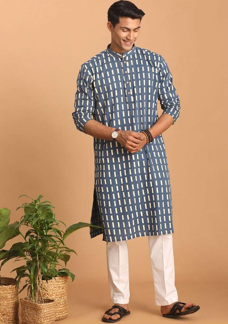 Blue Geometric Print Cotton Kurta Set For Men - Indya