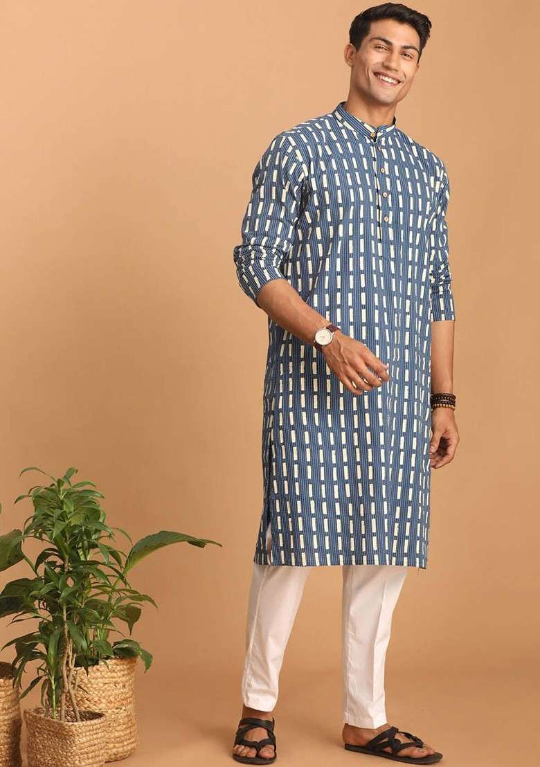 Blue Geometric Print Cotton Kurta Set For Men - Indya