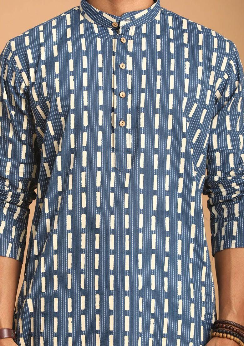Blue Geometric Print Cotton Kurta Set For Men