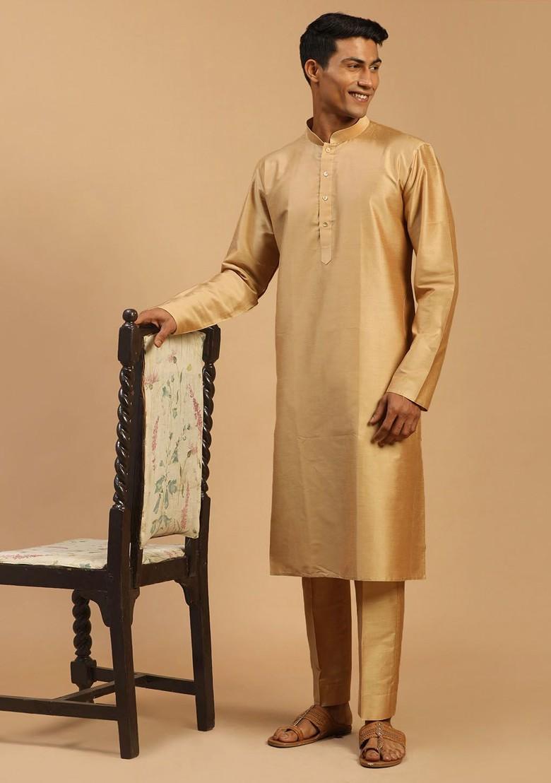 Rose Gold Solid Poly Blend Kurta Set For Men