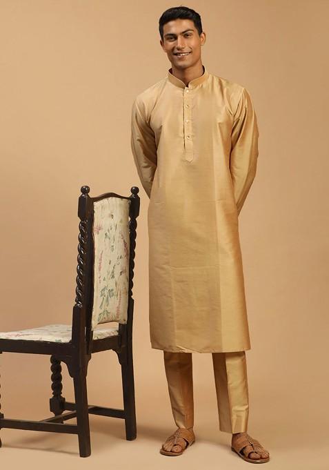 Rose Gold Solid Poly Blend Kurta Set For Men
