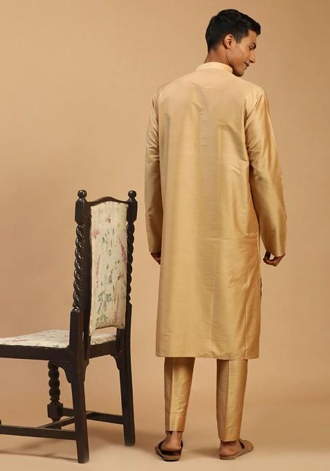 Rose Gold Solid Poly Blend Kurta Set For Men