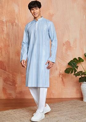 Blue Thread Work Poly Blend Kurta Set For Men