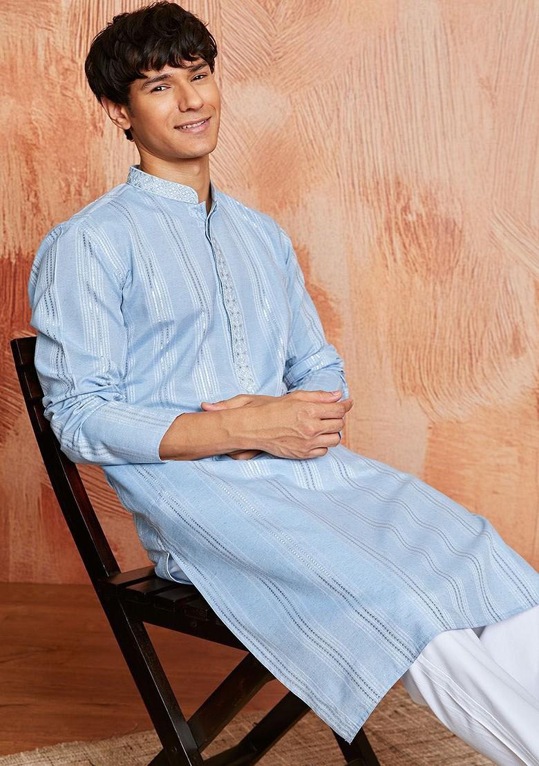 Blue Thread Work Poly Blend Kurta Set For Men