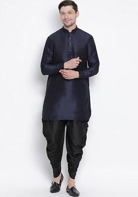 Navy Blue Solid Poly Blend Kurta Set For Men