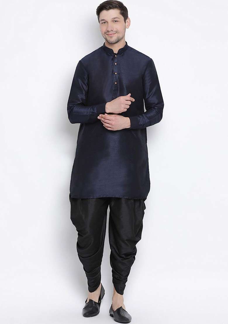 Navy Blue Solid Poly Blend Kurta Set For Men - Indya